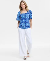 Jm Collection Women's Printed Flutter-Sleeve Square Neck Crepe Top