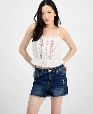 Self Esteem Juniors' Lace-Trim Embroidered Peplum Tank Top