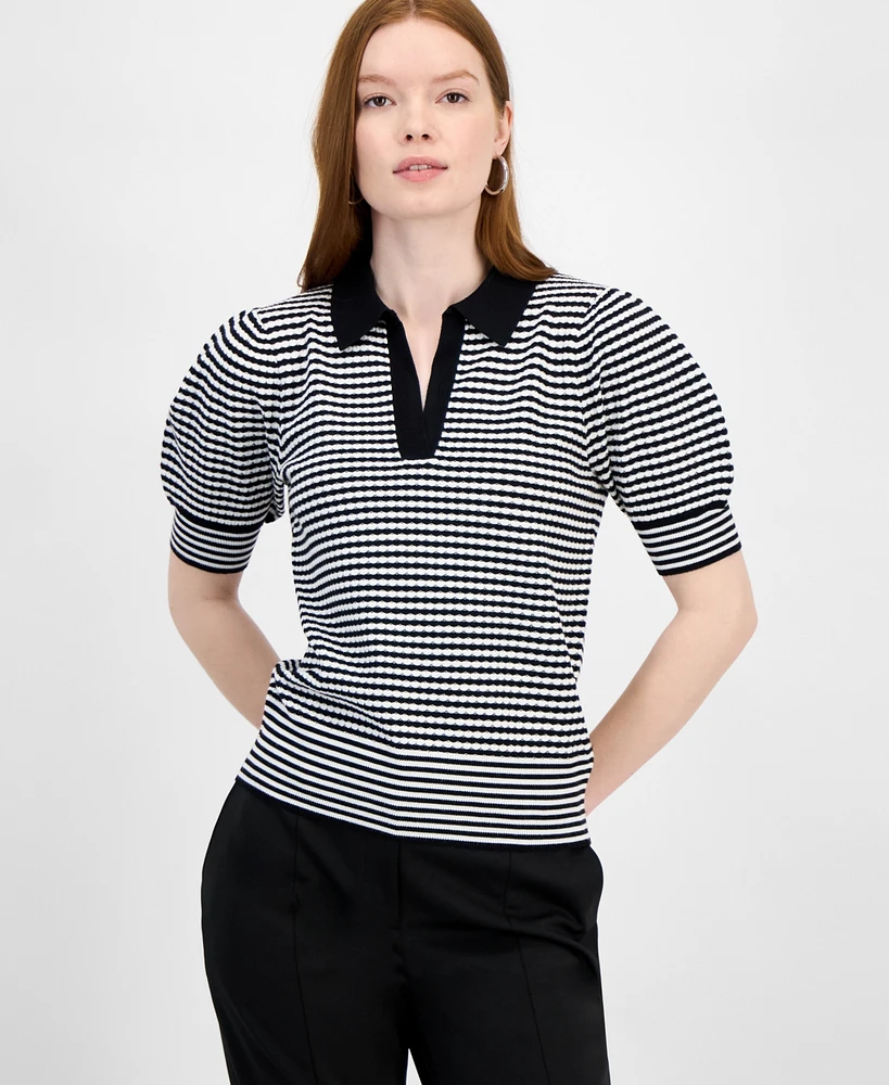 T Tahari Women's Collared Split-Neck Puff-Sleeve Top
