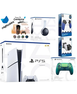 Sony Playstation 5 Slim Disc Bundle with White Pulse Headset, Extra Midnight Black Controller, Trigger Stop Kit, Dual Charge Dock and MightySkins Deca