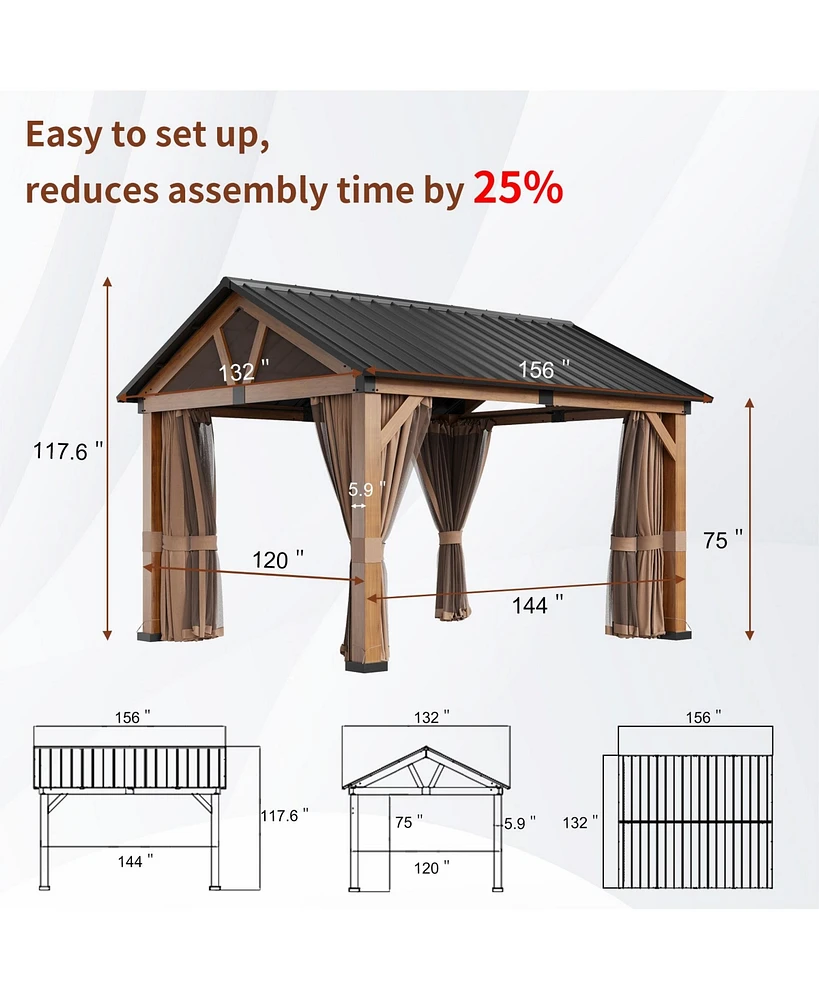 11' X 13' Hardtop Gazebo with Curtains and Nettings, Outdoor Patio Gazebos Backyard Gazebo, Wooden Finish Canopy Aluminum Frame Permanent Pavilion for