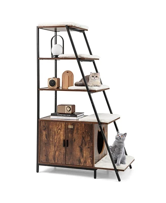Large Cat Litter Box Enclosure with Storage & Ladder Shelf Stylish Functional Hidden Cabinet