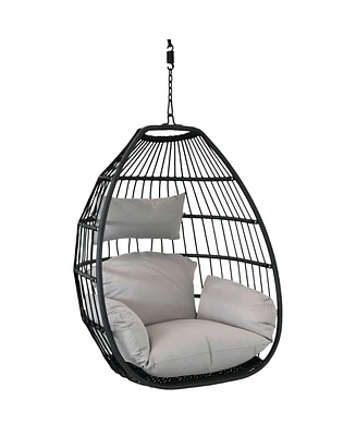 Outdoor Resin Wicker Delaney Hanging Basket Egg Chair Swing with Cushions and Headrest - Gray - 2pc