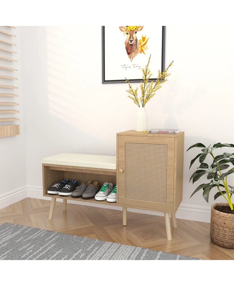 2-in-1 Shoe Bench with Cushion, Storage Shelves, and Natural Rattan