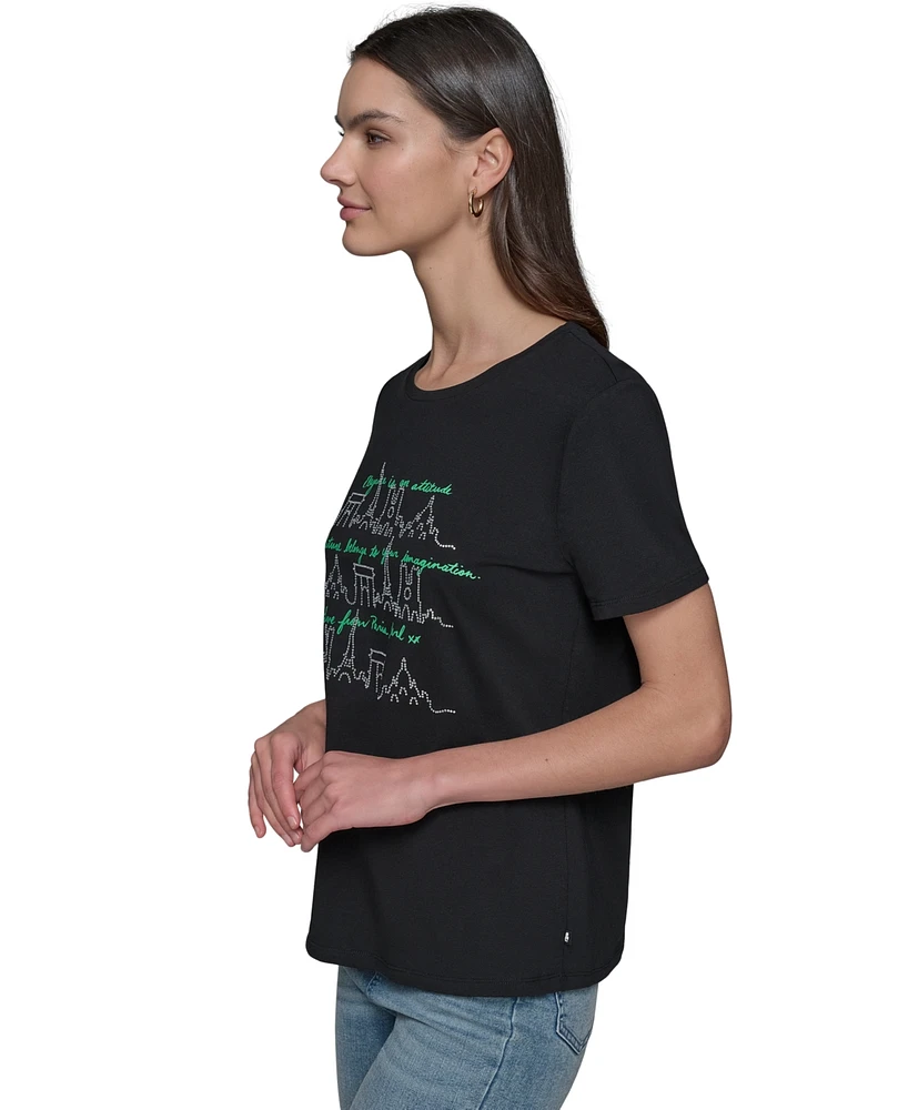 Karl Lagerfeld Paris Women's Rhinestone Skyline Graphic T-Shirt