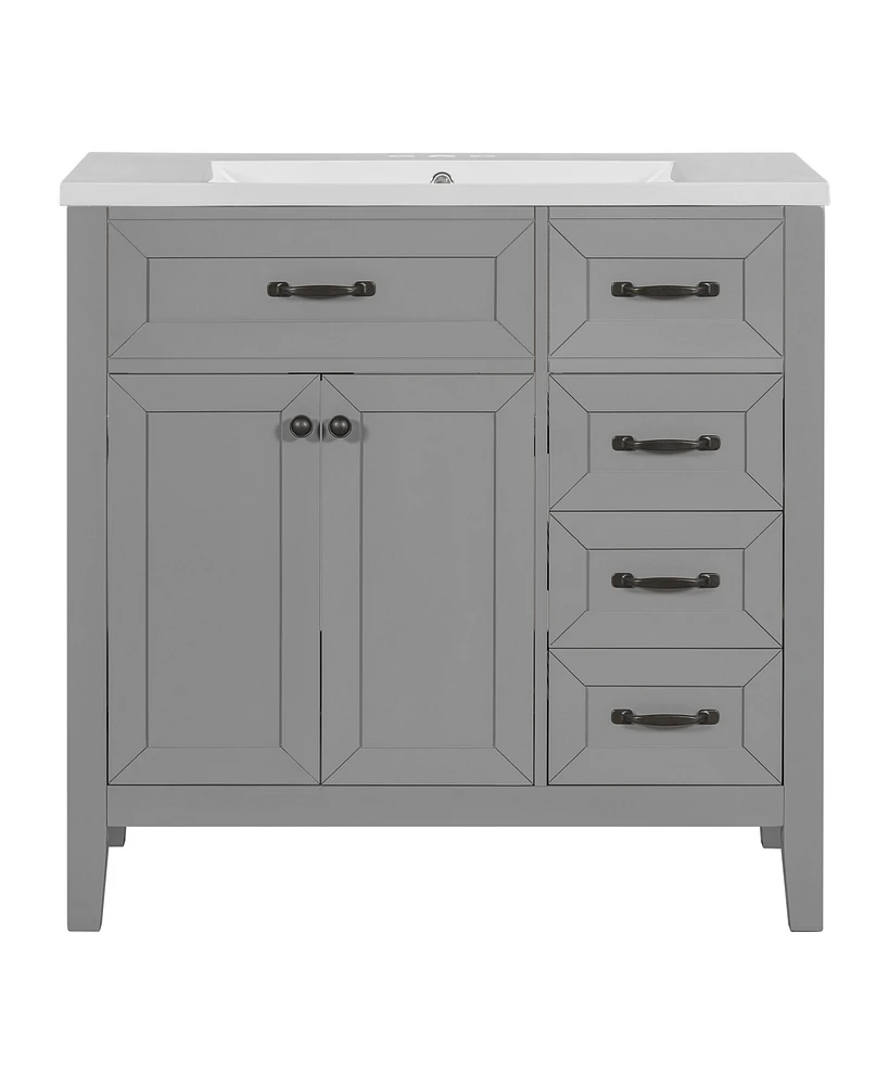 36" Bathroom Vanity with Sink Combo, Bathroom Cabinet with Drawers, Solid Frame and Mdf Board, Grey