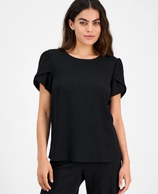 Ak Anne Klein Petite Textured Tulip-Sleeve Jewel-Neck Top