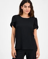 Ak Anne Klein Petite Textured Tulip-Sleeve Jewel-Neck Top