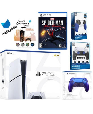 Sony Playstation 5 Slim Disc Bundle with Spider-Man: Miles Morales, Extra Controller, Trigger Stop Kit, Fps Grip Kit and MightySkins Decal Voucher