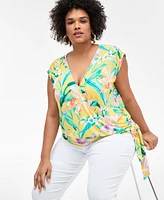 I.n.c. International Concepts Plus Printed Side-Tie Cap-Sleeve Surplice Top, Exclusively at Macy's