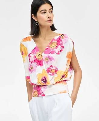 I.n.c. International Concepts Women's Printed Ruched-Shoulder Top