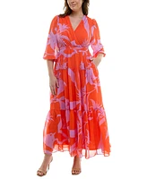 Taylor Plus Size V-Neck 3/4-Sleeve Tiered Maxi Dress