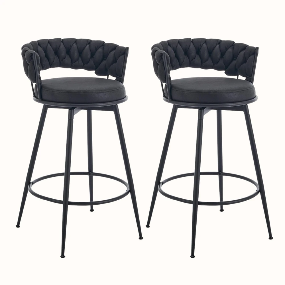 Dyhome 28 inch Bar Stools Set of 2, Modern Counter Height Stools, 360° Swivel Suede Fabric Stool Chairs with Woven Back and Footrest for Kitc