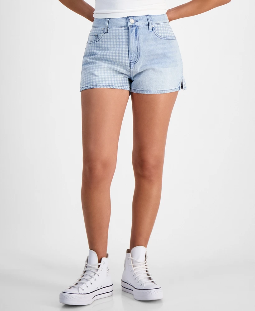 Indigo Rein Juniors' Gingham-Panel Mom Shorts