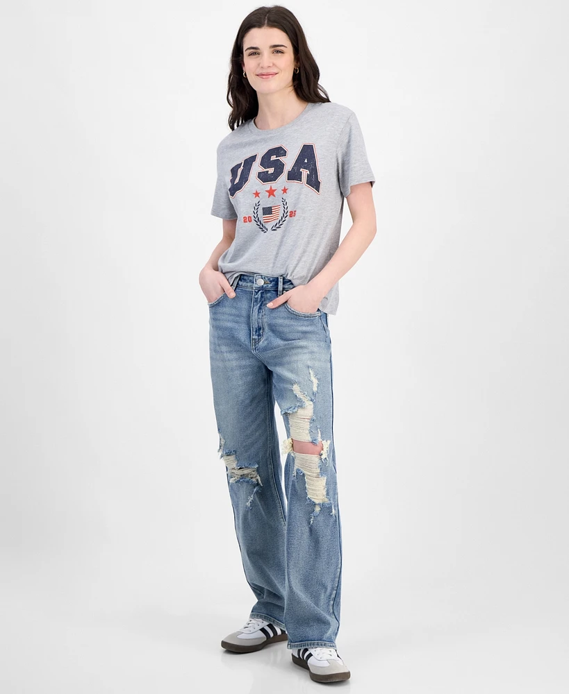 Love Tribe Juniors' Usa Flag Graphic-Print Crewneck Tee
