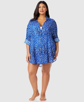 Anne Cole Plus Size Denim Dot Boyfriend Shirt Swim Cover-Up