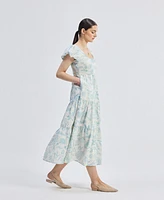 Reistor Women's Puff Sleeve Tiered Midi Dress Blue Florals