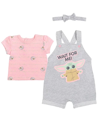 The Mandalorian Baby Girls Star Wars Yoda French Terry Snap Short Overalls T-Shirt and Headband 3 Piece Outfit Set