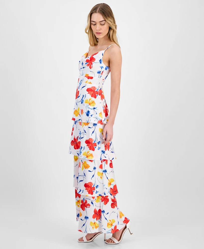 Anne Klein Women's Floral-Print Cowlneck Tiered Satin Maxi Dress