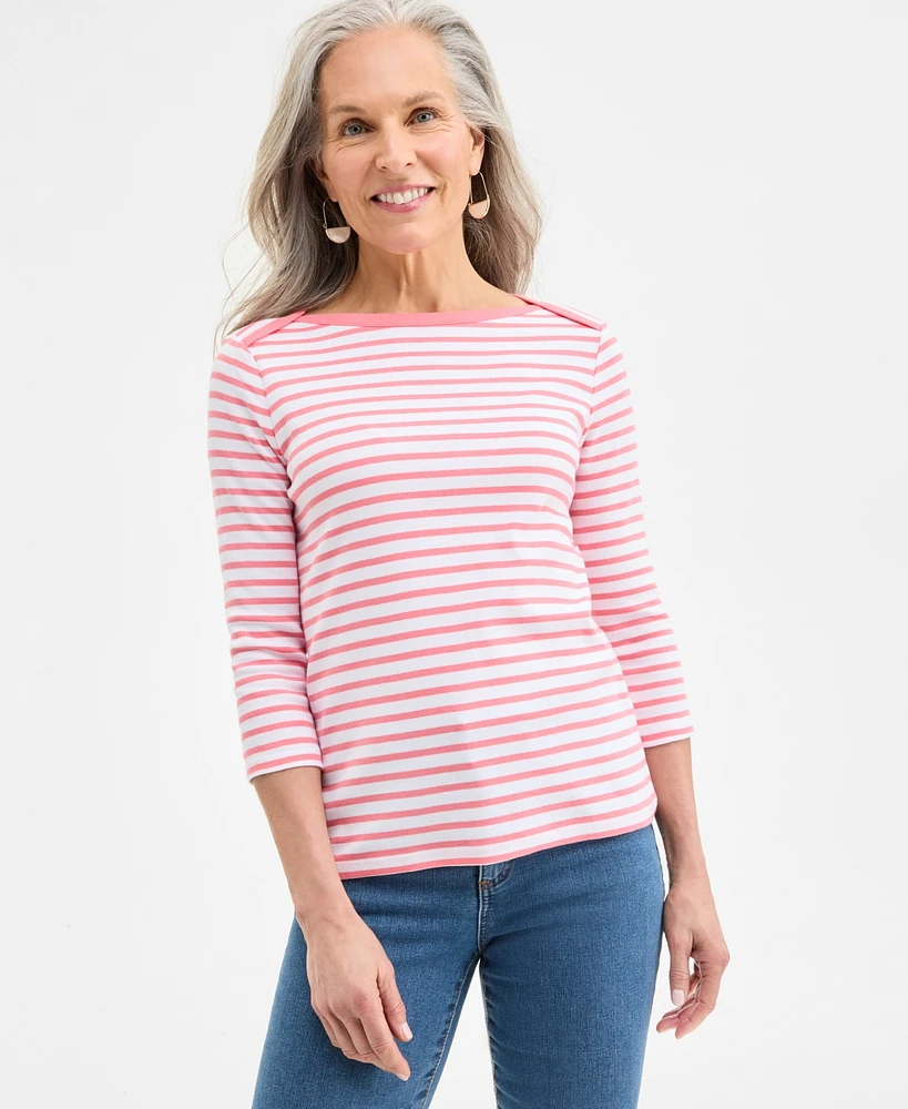 Style & Co Petite Pima Cotton Striped Boat-Neck 3/4-Sleeve Top, Exclusively at Macy's