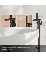 Freestanding Bathtub Faucet Bathtub Tub Filler Floor Mount Bathroom Faucets Brass Single Handle Tub Faucet with Handheld Spray, Brushed Nickel