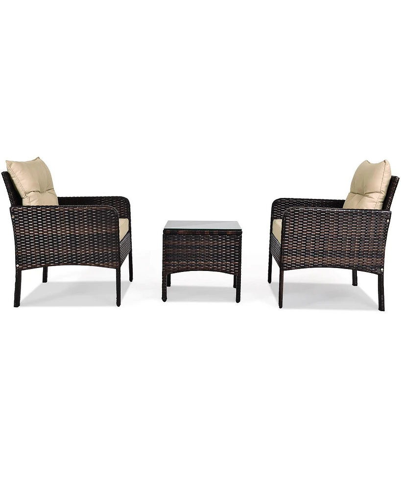 Gymax 3PCS Outdoor Patio Rattan Furniture Set w/ Chairs Coffee Table Cushions