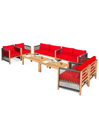 Gymax 8PCS Patio Outdoor Furniture Conversation Set Acacia Wood W/ Cushions