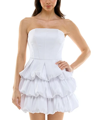 Juniors' Strapless Satin Bubble-Skirt Mini Dress