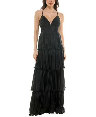 Emerald Sundae Juniors' V-Neck Ruffle-Tiered Sleeveless Gown