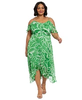 London Times Plus Size Printed Cold-Shoulder Ruffle Dress