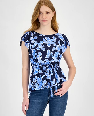 Tommy Hilfiger Women's Printed Ruffled-Sleeve Peplum Top