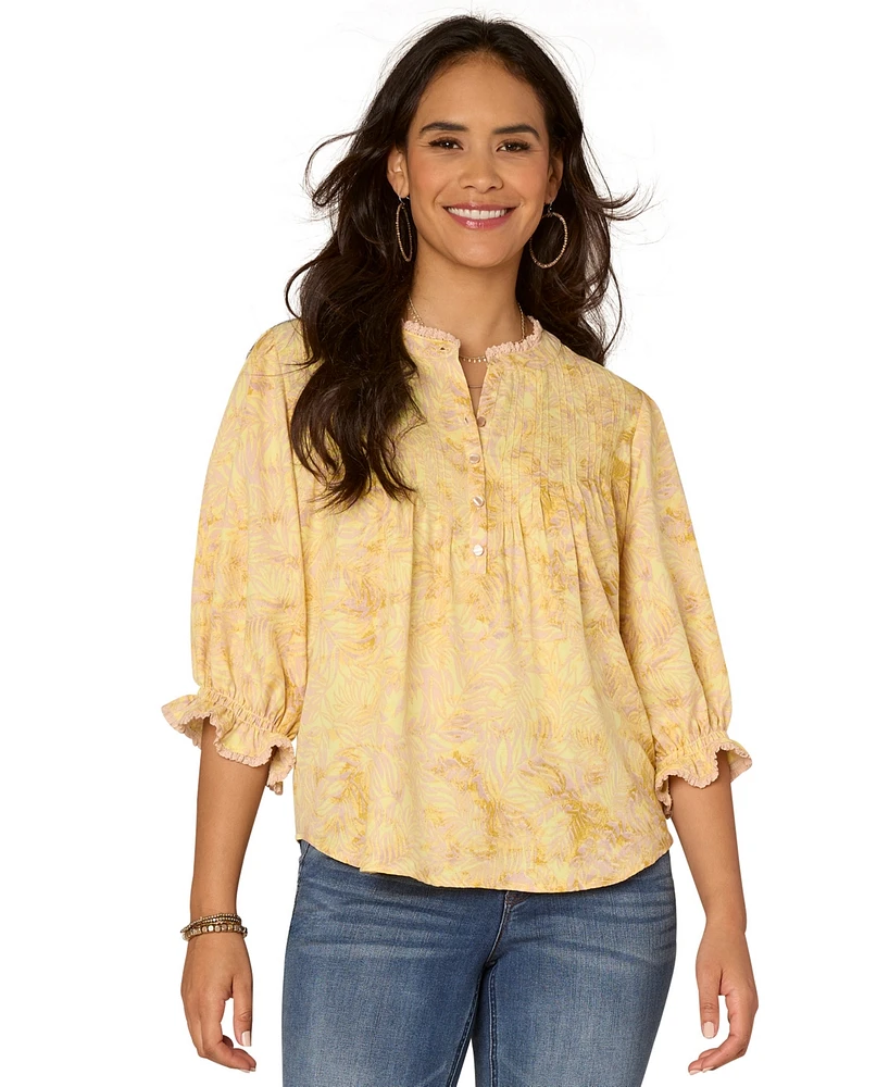 Democracy Petite Printed Lantern-Sleeve Pintuck Top