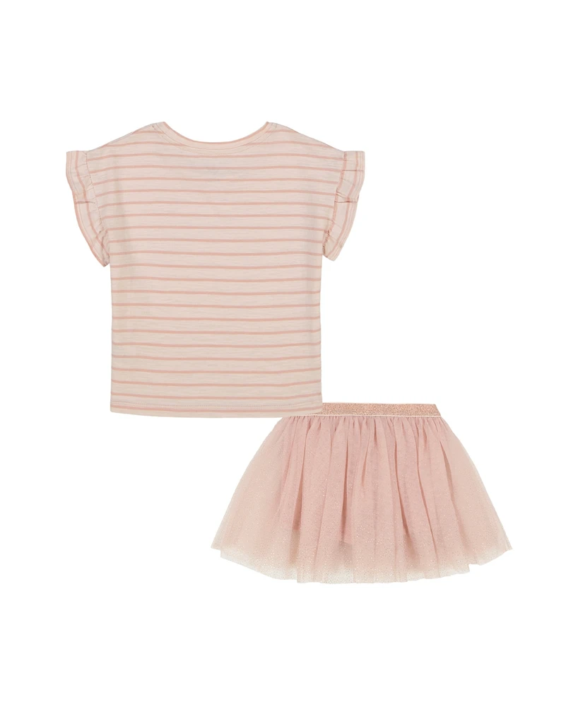Kids Headquarters Toddler and Little Girls 2-Piece Ruffle Sleeve Striped Rainbow Top Gold Speckle Tulle Skort Set