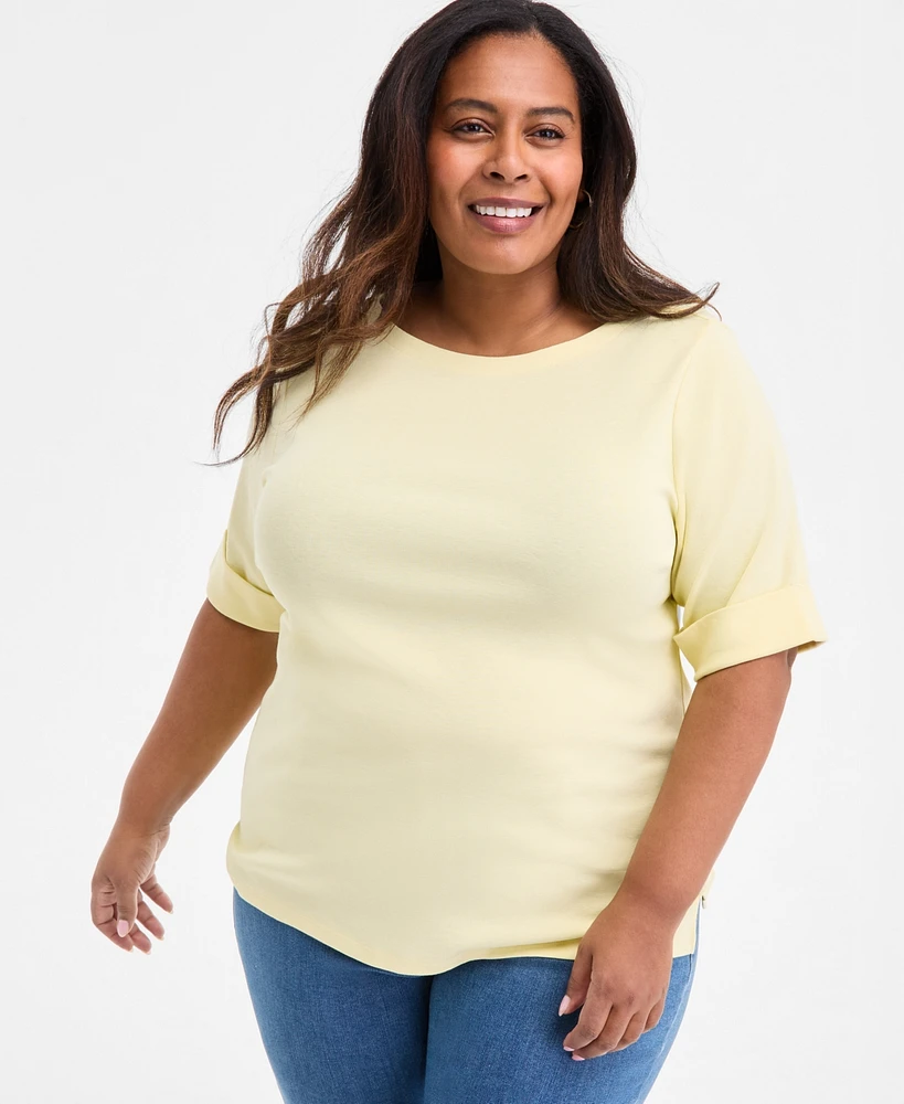 Style & Co Plus Boat-Neck Elbow Sleeve Cotton Top, Exclusively at Macy's