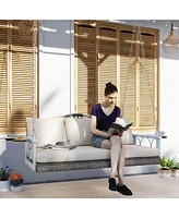 Outsunny Wicker Porch Swing, Hanging Swing Bench with Cup Holder, Natural