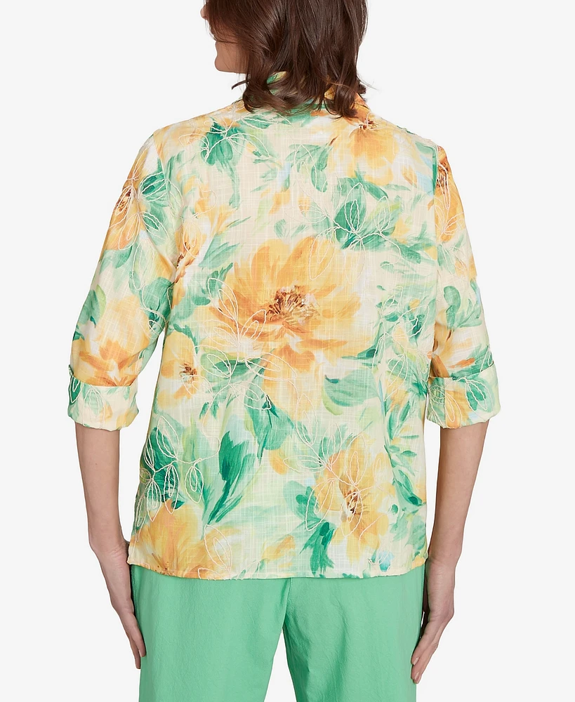Alfred Dunner Petite Rise & Shine Watercolor Floral Tie Sleeve Button Down Top