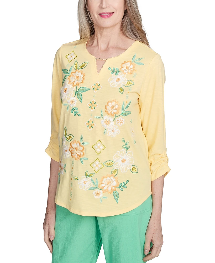 Alfred Dunner Petite Rise & Shine Sunny Floral Embroidered Split Neck Top