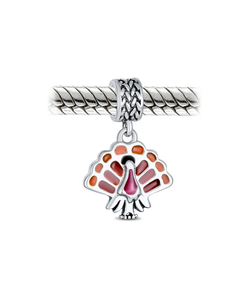 Bling Jewelry Thanksgiving Turkey Dangle Charm Bead Brown Enamel European Bracelet Silver