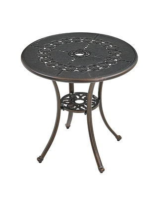 25 Inches Outdoor Bistro Table with Umbrella Hole Cast Aluminium Patio Dining Round Table, Bronze