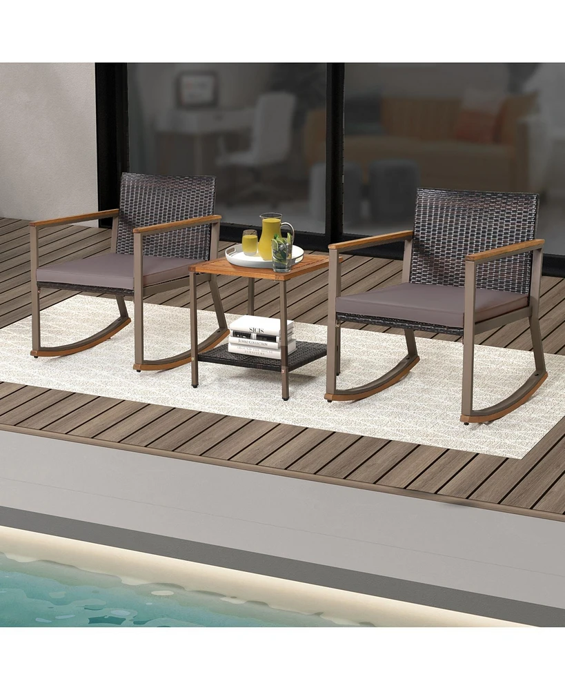 3 Pieces Rattan Rocking Bistro Set with Table and Cushions
