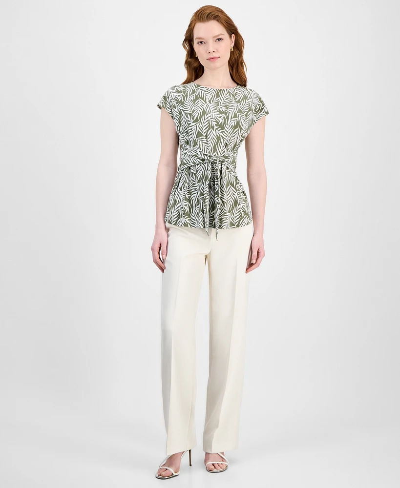 Kasper Women's Leaf-Print Tie-Waist Cap-Sleeve Top