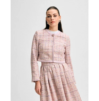 Isaac Mizrahi Women's Cropped Shimmer Tweed Jacket with Broach Button