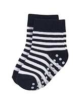 Touched by Nature Baby Boys Organic Cotton Socks with Non-Skid Gripper for Fall Resistance, Blue Black, 6-12 Months