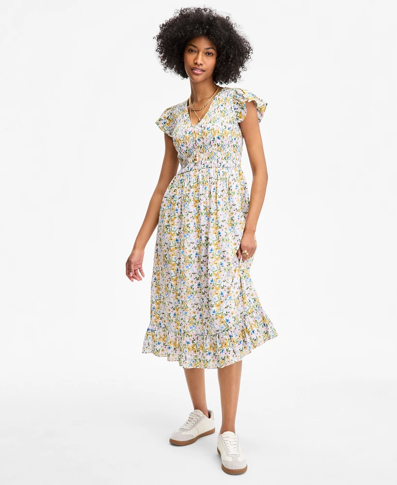 On 34th Women's Printed Smocked Flutter-Sleeve Midi Dress, Exclusively at Macy's