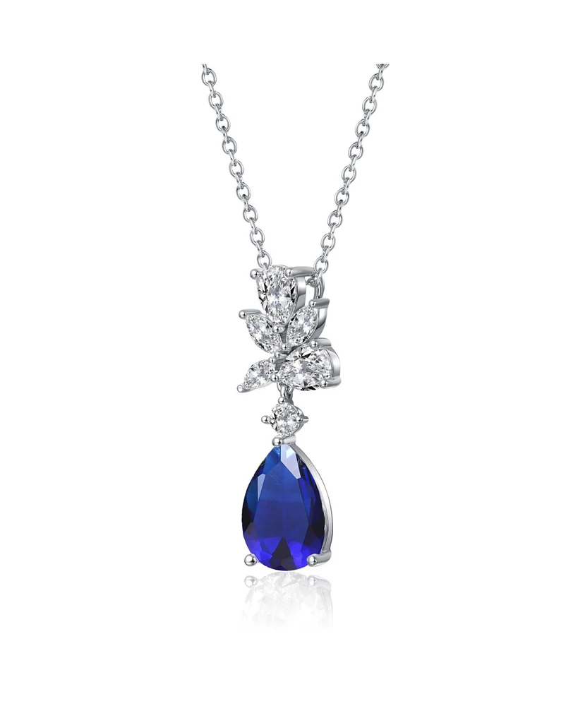 White Gold Plated with Colored Cubic Zirconia Teardrop Cluster Pendant Necklace
