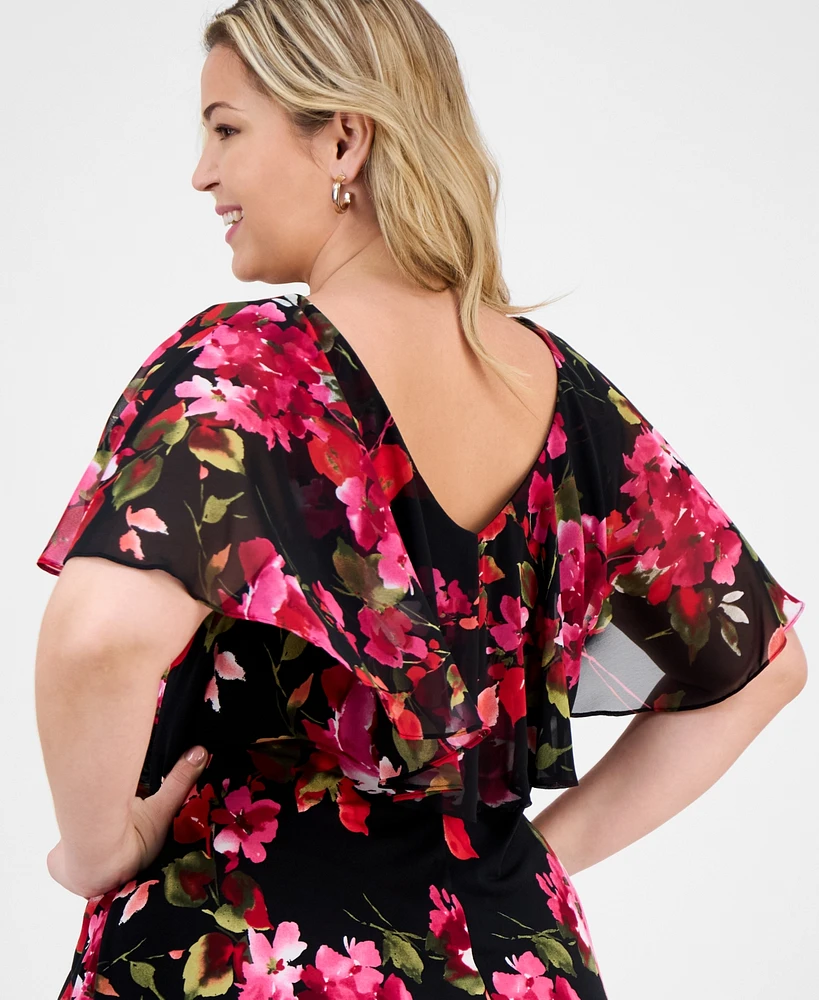 Connected Plus Floral Cape-Overlay Maxi Dress