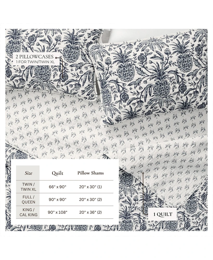 Linery & Co. Cotton Stitched Reversible Coastal 3 Piece Quilt and Sham Set