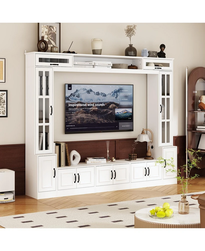 White 12-door Tv stand, media console with tempered glass, entertainment center with hydraulic poles