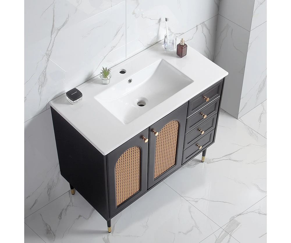 Casainc 36" Bathroom Vanity with Ceramic Sink, Rattan Storage Cabinet Two Doors and Drawer
