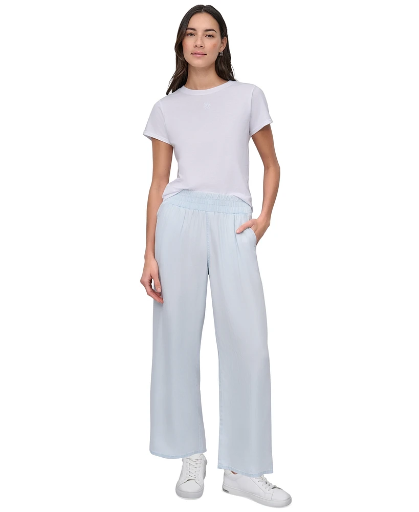 Dkny Jeans Petite Chambray Smocked-Waist Wide-Leg Pants